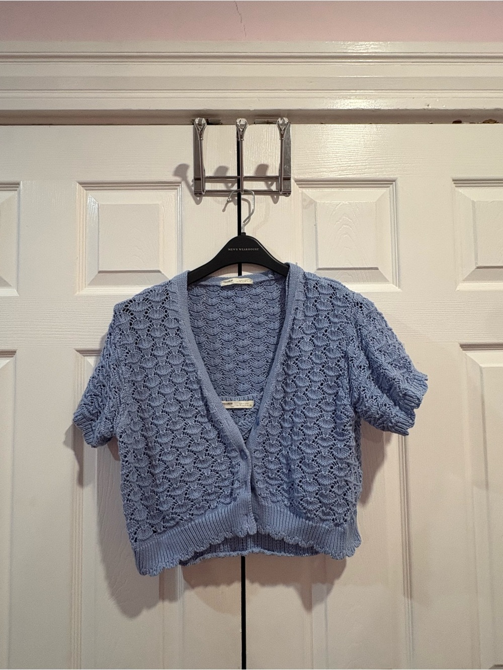 2 Piece Light Blue Crochet Knit V-Neck Tank Top and Cardigan Sweater